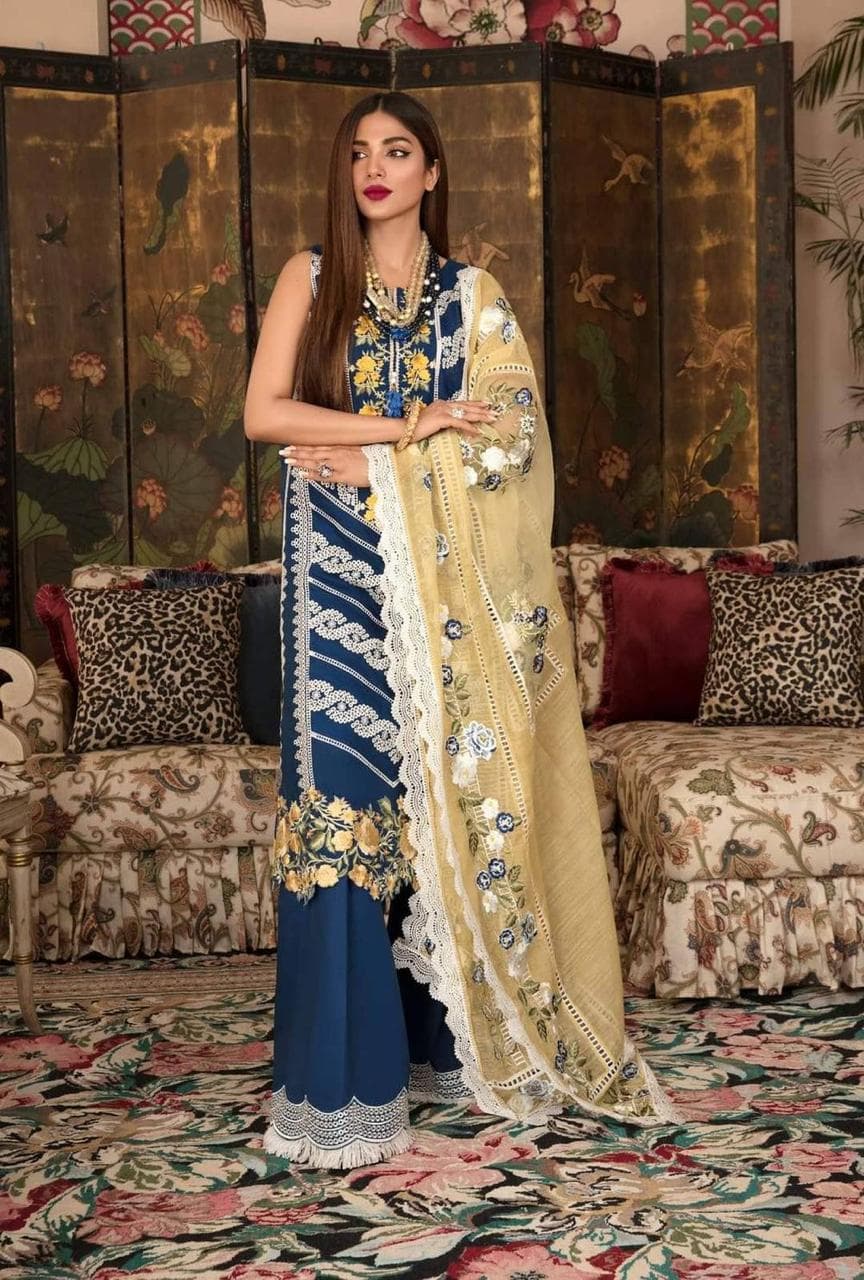 Midnight Bloom – Navy Blue & Gold Embroidered Unstitched Suit