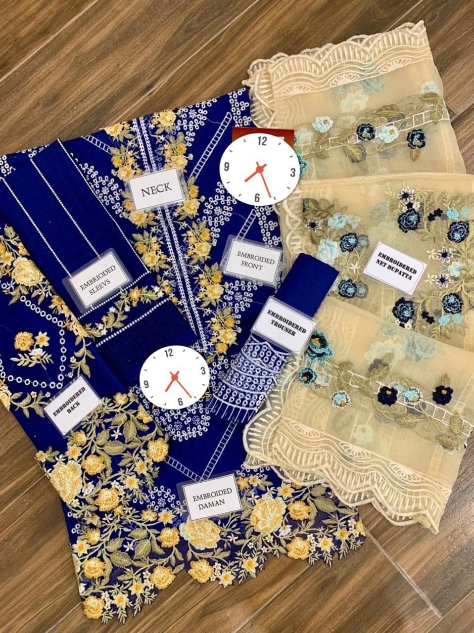 Midnight Bloom – Navy Blue & Gold Embroidered Unstitched Suit